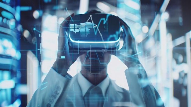 Empresário explorando a realidade virtual para análise educacional e financeira