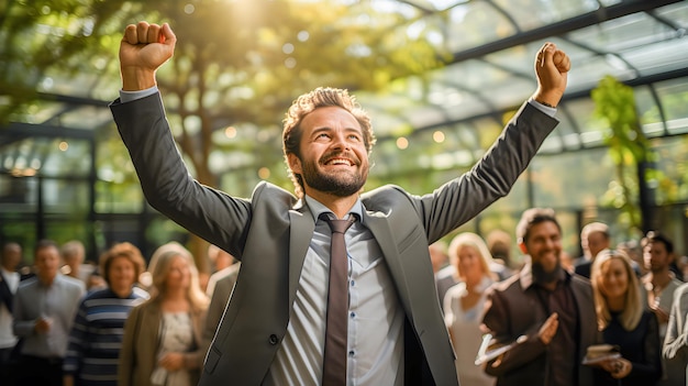 Foto empresário feliz e bem sucedido levantando os punhos em comemoração às boas notícias expressão de vitória e sucesso no trabalho equipe de trabalho batendo palmas ao fundo