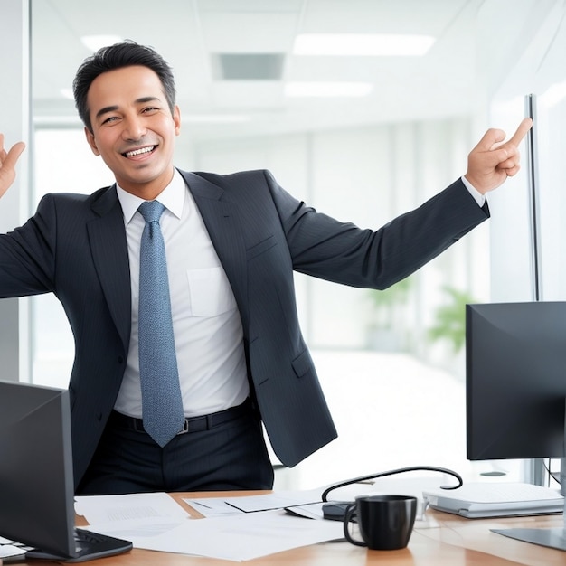 Foto empresario feliz y exitoso en el fondo de la oficina