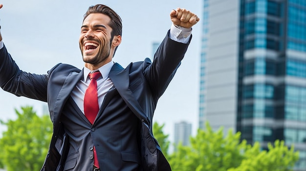 Foto empresario feliz y exitoso en el fondo de la oficina