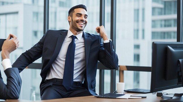 Foto empresario feliz y exitoso en el fondo de la oficina