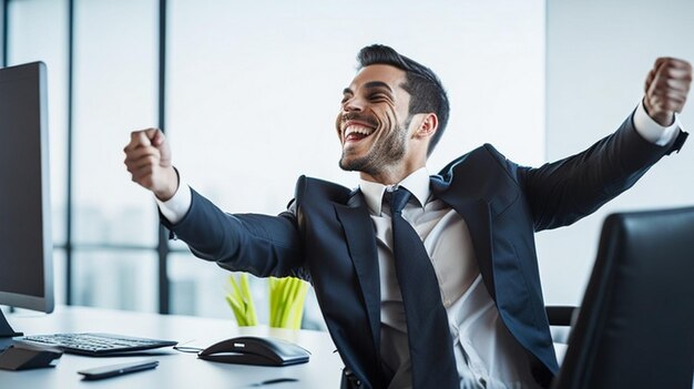 Foto empresario feliz y exitoso en el fondo de la oficina