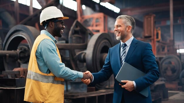 Foto empresario feliz saludando a un trabajador siderúrgico afroamericano mientras visita una instalación industrial