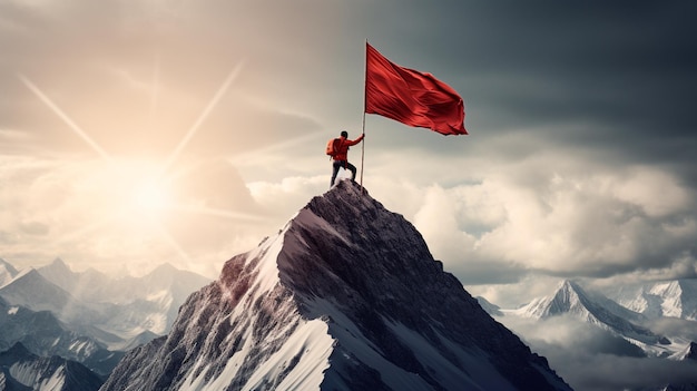 Foto empresário fica no topo de uma montanha com uma bandeira