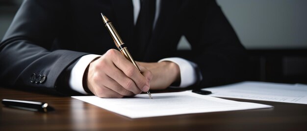 Empresario firmando un documento en una oficina de negocios