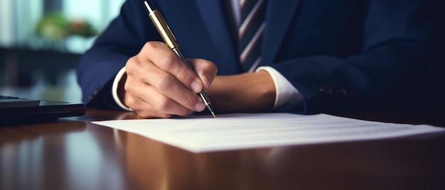 Empresario firmando un documento en una oficina de negocios