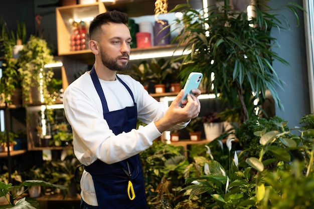 Empresário florista tirando fotos de vasos de plantas no telefone para o comprador o conceito de