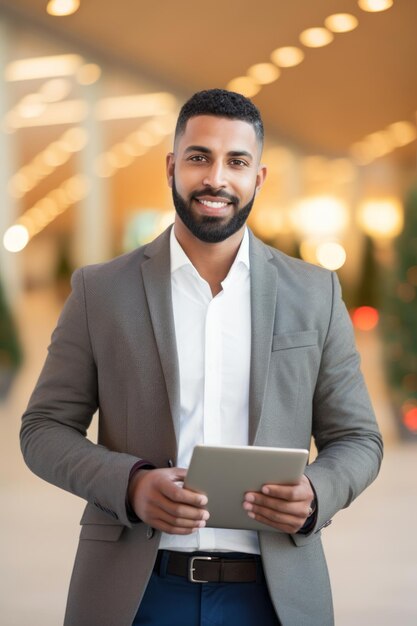 Empresário focado analisando escolhas no escritório contemporâneo