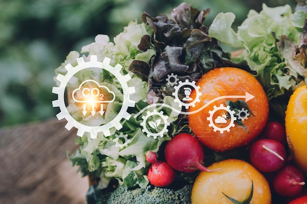 Empresário futurista cultiva vegetais e colheitas usando tecnologia moderna de IA usando sensores de temperatura e umidade de telefones celulares rastreamento de água controle climático ícones de dados holográficos