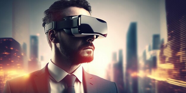 Empresario con gafas de realidad virtual en un fondo borroso y brillante