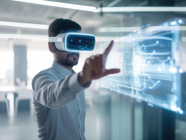 Empresario con gafas de realidad virtual tocando una pantalla transparente en la oficina