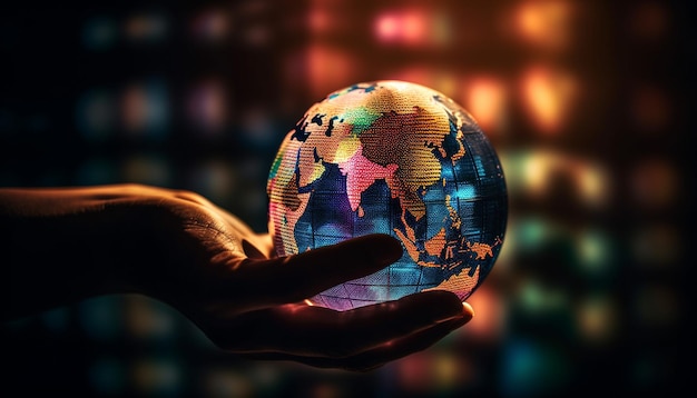 Foto empresário global segurando esfera de mapa-múndi brilhante gerada por ia
