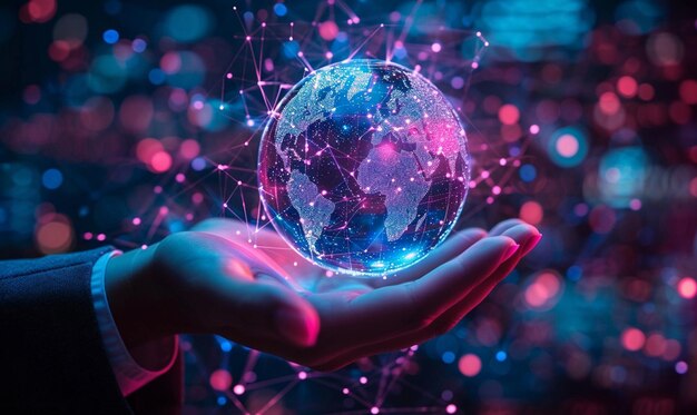 Empresario con un globo holográfico Red de negocios globales Negocios inteligentes