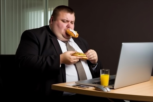 Empresário gordo comendo enquanto trabalha Gerar Ai