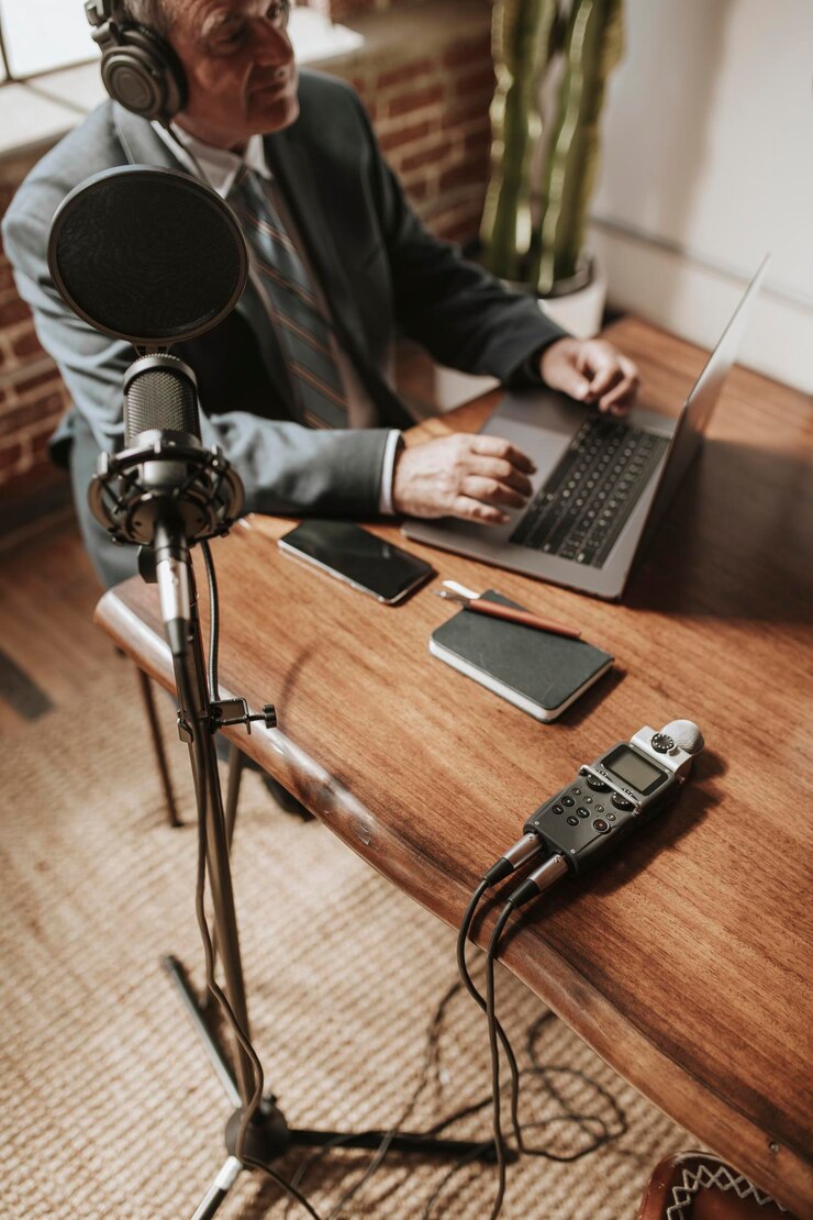 Empresario grabando un podcast