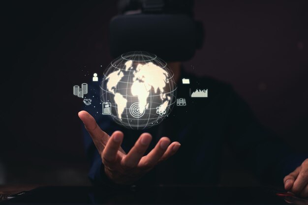 Empresario gráfico mostrar inversión stock renta crecimiento financiero ilustración 3d mundo virtual metaverso