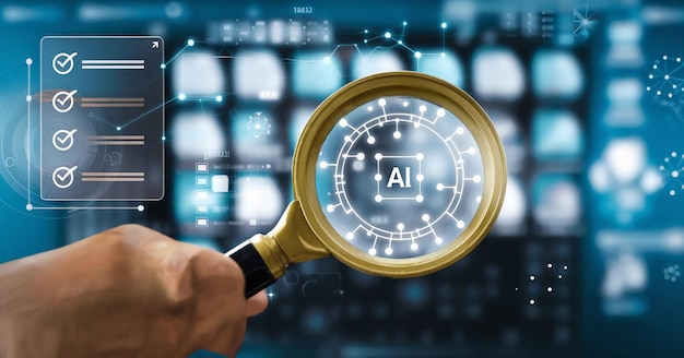 Empresario hablando con IA o tecnología de inteligencia artificial Un hombre usa una computadora portátil para