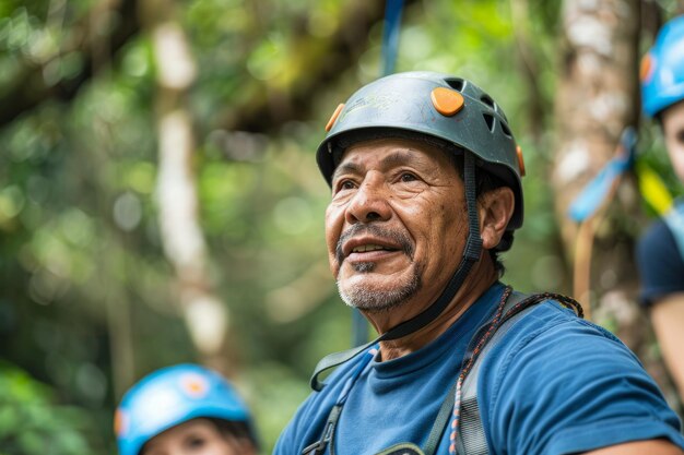 Foto un empresario hispano lidera una excursión de formación de equipos a un ecorresort remoto que fomenta el trabajo en equipo