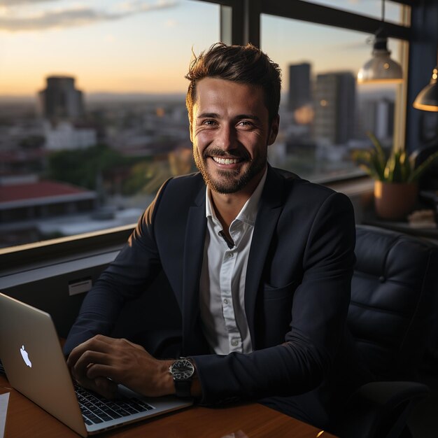 Foto empresario hispano trabajando en una computadora portátil en una oficina moderna