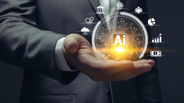 Empresario con un holograma de icono de IA con una interfaz de tecnología futurista en la mano