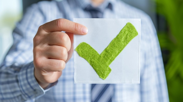 Foto empresario con holograma de marca de cumplimiento verde para el concepto de certificación o auditoría