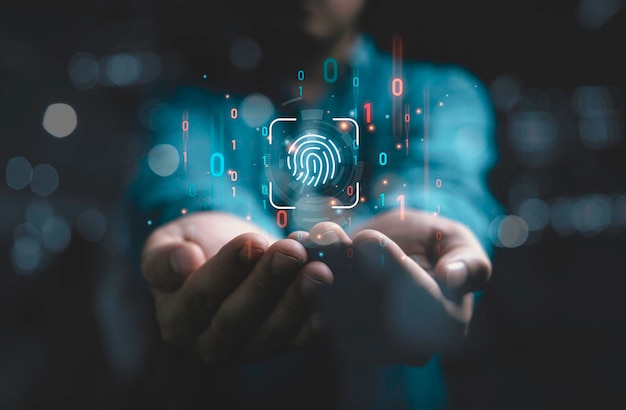 Empresario con huella digital virtual y código binario para el acceso a Internet y cifrado biométrico para la red de ciberseguridad y el concepto de seguridad del usuario