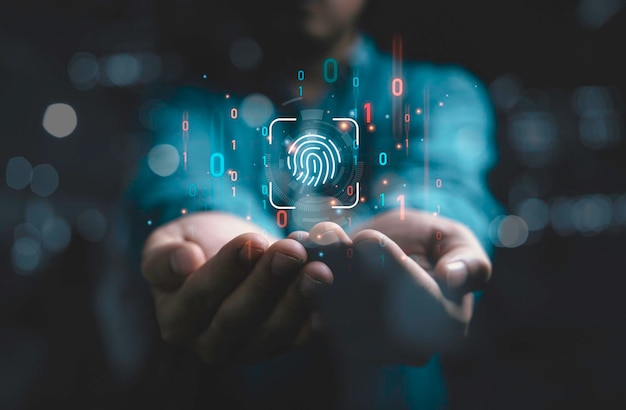 Foto empresario con huella digital virtual y código binario para el acceso a internet y cifrado biométrico para la red de ciberseguridad y el concepto de seguridad del usuario