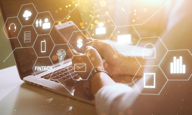 Empresario con icono fintech e internet de las cosas con código de matriz backgroundxA Concepto de tecnología de internet financiera e inversión