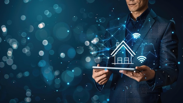 Empresario con iconos de tableta en una pantalla virtual La inversión inmobiliaria produce recompensas financieras R