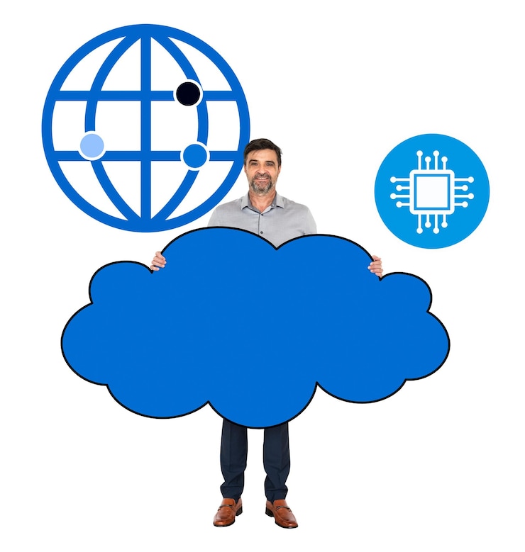 Foto empresario con iconos de tecnología de fondo transparente