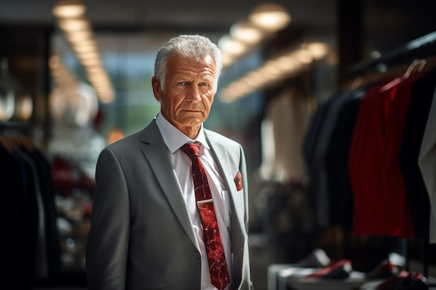 empresário idoso de pé em uma loja de ternos estilo bokeh fundo