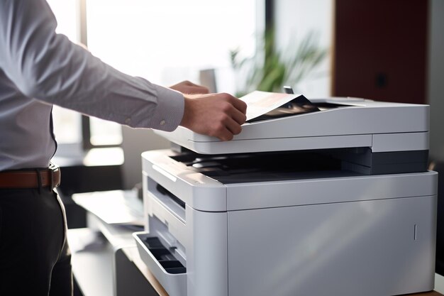 Empresário imprime papel numa impressora a laser multifuncional num escritório de negócios Documentos e papelada