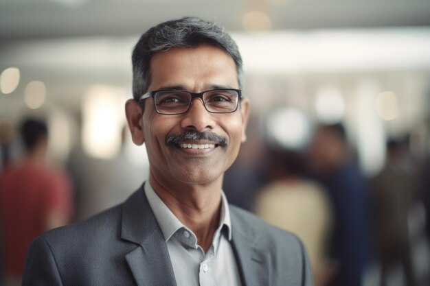 Empresário indiano inteligente maduro, rosto sorridente em pé no fundo desfocado do escritório ocupado Generative AI AIG20