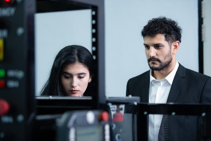 Foto empresario de la industria fabril inspección y prueba de brazos robóticos para su uso a gran escala