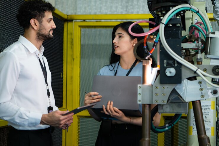 Foto empresario de la industria fabril inspección y prueba de brazos robóticos para su uso a gran escala