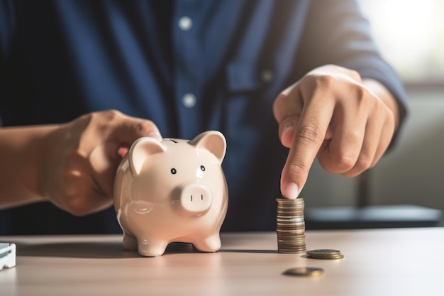 Foto empresario insertando una moneda en una alcancía que simboliza la planificación financiera y el ahorro de dinero