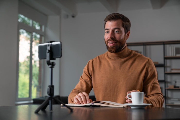 Empresário inspirado em roupas casuais fazendo blog assistindo no smartphone
