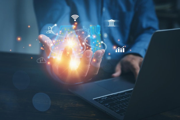 Empresario con inteligencia artificial a la mano usando la conexión de AI de negocios digital en línea