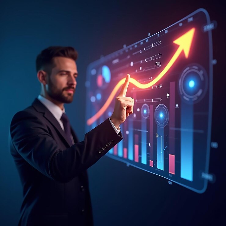 Empresario interactuando con el gráfico de la bolsa de valores