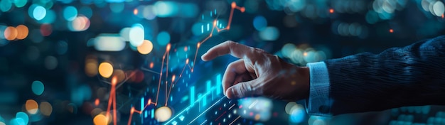 Empresario interactuando con una pantalla digital que muestra datos de crecimiento en un entorno futurista