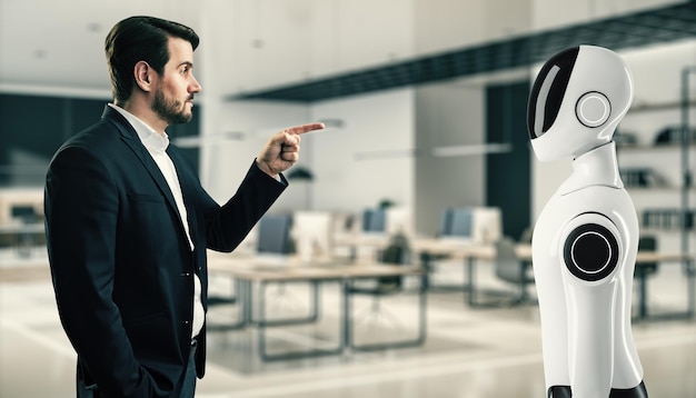 Empresario interactuando con un robot humanoide en un espacio de oficina moderno que simboliza la integración de la IA y la tecnología futura