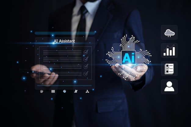 Empresario interactuando con tecnología avanzada de IA visualizando soluciones basadas en datos e herramientas innovadoras para la estrategia empresarial y la transformación digital