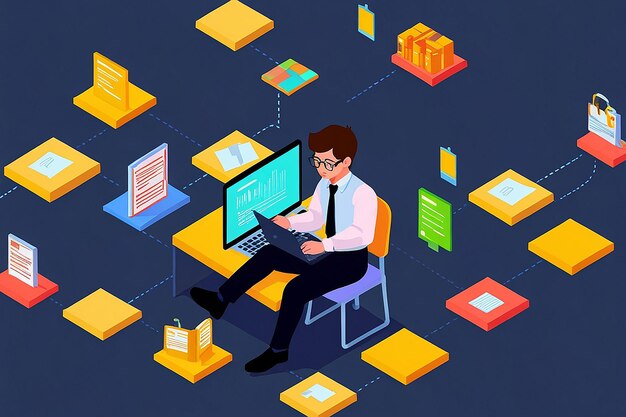Empresario isométrico 3D plano como programador trabajando en computadora portátil para codificar el concepto de desarrollo de software