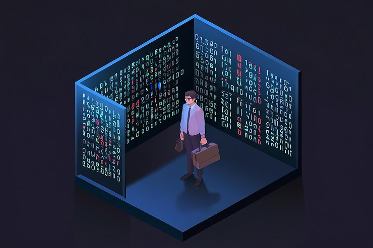 Foto empresario isométrico 3d plano entrando en un mundo digital y cambiando al concepto de metaverso de código binario o realidad virtual
