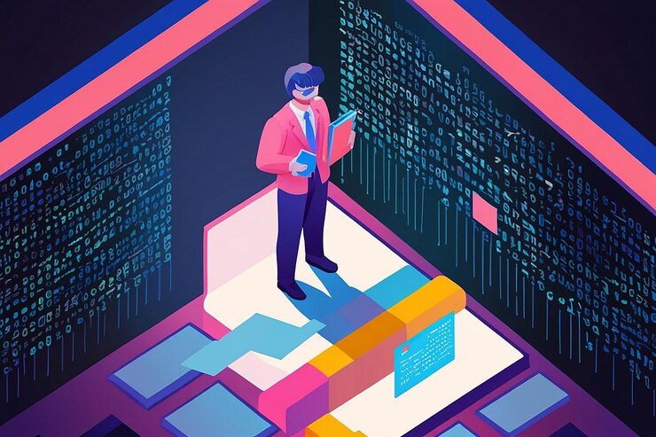 Foto empresario isométrico 3d plano entrando en un mundo digital y cambiando al concepto de metaverso de código binario o realidad virtual