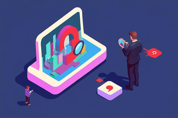 Foto empresario isométrico 3d plano con lupa mirando la huella dentro de las redes sociales