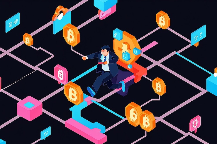 Foto empresario isométrico 3d plano que trabaja en blockchain