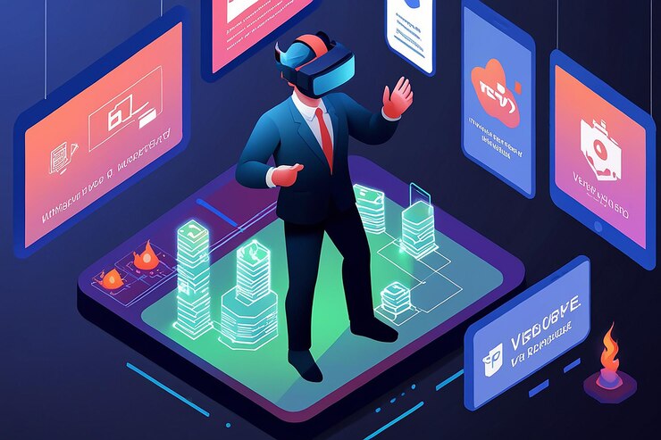Foto empresario isométrico 3d usando auriculares de realidad virtual en el concepto de realidad virtual del metaverso