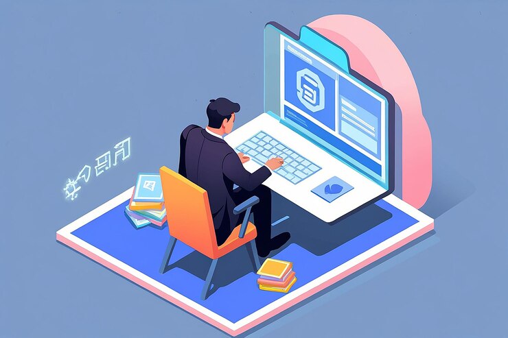 Foto empresario isométrico o desarrollador que trabaja con secuencias de comandos de software de código abierto