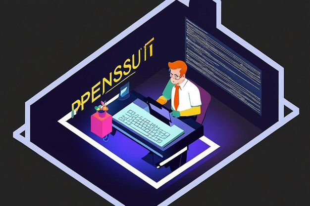 Empresario isométrico o desarrollador que trabaja con secuencias de comandos de software de código abierto